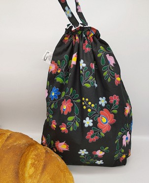 Frissentartó kenyeres zsák - kalocsai mintás fekete